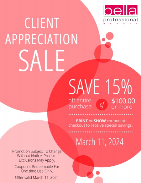 Client Appreciation Sale - March 11,2024 - 15% off